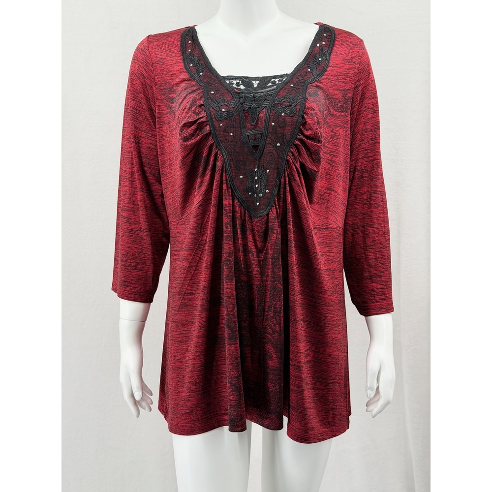 One World Top Womens 2X Red Black Lace Embellished Boho Fairy Grunge Y2K Mature